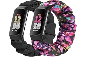 Bcuckood 2 Packs Scrunchie Straps Compatible with Fitbit Charge 6/Charge 5, Soft Cute Pattern Printed Fabric Elastic Solo Loop Cloth Scrunchy Replacement Wristband for Women Girls