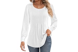 Cuptacc Tee Shirt Manche Longue Femme Col Rond Plissé Puff Sleeve Pull Femme Boutonnés Elegant