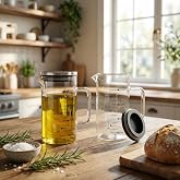 Deconox 2'li Set Paslanmaz &Ccedil;elik Kapaklı Borosilikat Cam Yağdanlık ve &Ouml;l&ccedil;&uuml; Kabı - 350ml - Isıya Dayanıklı Damlatmaz Sosluk, S