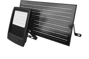 ELEDCO Foco Solar 150W, Modelo All-Black, Lámpara LED, Panel Solar Monocristalino, Batería, Mando a Distancia, Sensor de Movimiento, Sensor Crepuscular, Luz Blanca 6000K