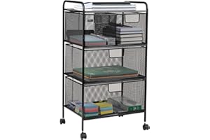 Mind Reader Network Collection, Rolling Storage Cart with 4 Removable Drawers, Omnidirectional Wheels, Desk and Bathroom Organizer, Portable, Metal Mesh, 16"L x 11"W x 29"H, Black