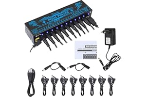 Amuzik Guitar Pedal Power Supply 10 DC Outputs for 9V/12V/18V Guitar Bass Effect Pedals with USB Charging port for Telephone Tablet, with DC 18V/1A Power Adapter, Short Circuit Protection