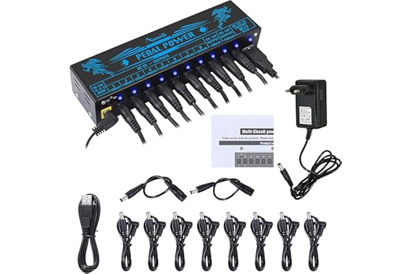 Amuzik Fuente de alimentación para pedal de guitarra, 10 salidas CC aisladas, para pedales de guitarra de 9 V/12 V/18 V, con puerto de carga USB para tableta de telepfono