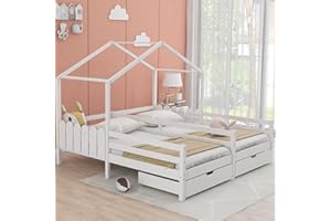 KECDUEY Letto matrimoniale, letto per bambini, 200 x 90 cm, letto con 2 cassetti in MDF, cassetti su rotelle, rete a doghe in pino, bianco