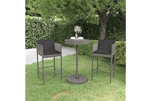 Gecheer 3-TLG. Gartenbar-Set mit Kissen, Runde Bartisch & 2 Poly Rattan Hocker, Gartenmöbel Gartentheke Barhocker Poly Rattan Grau
