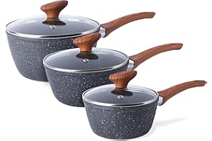 Non Stick Saucepan Set – Induction Saucepan with Lid – 3pcs Marble Sauce Pan – 16cm, 18cm, 20cm Saucepot Set – by Nuovva
