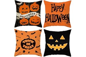 Bigqin Federa per cuscino di lino di Halloween 45 x 45 cm, set da 4 pezzi con Home, con chiusura lampo nascosta, cuscino per divano（Elementi Halloween Serie 1）