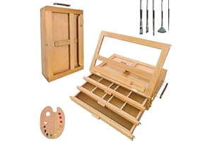 QUE MONA LISA Caballete mesa plegable profesional REMBRANDT, Altura Ajustable lienzos para pintar, Caballete Madera de Haya con 3 cajones para pinturas, atril pintura para adultos, niños, principiantes