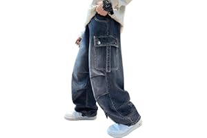 Rolanko Boys Baggy Jeans, Cargo Wide Leg Jogger Jeans with Multi Pockets, Elastic Waist Denim Trousers for Teen Kids