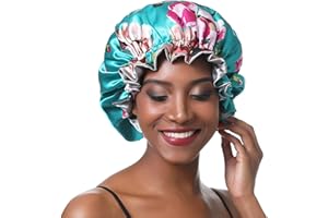 SENGTERM Bonnet de nuit en satin et soie pour femme - Double couche réglable - Pour cheveux bouclés - Taille XL - Vert fleuri