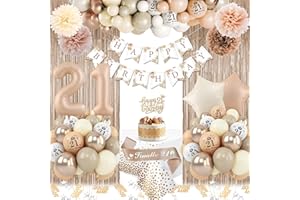 NEUFOOD 21st Birthday Decorations for Her, 21st Brown Birthday Party Decorations Set Includes 21st Birthday Balloons, Happy Birthday Banner, 21st Birthday Sash, Paper Pompoms, Brown Foil Curtains