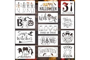 WOFEU 13 Pcs Halloween Stencils for Painting on Wood, Halloween Porch Painting Template, Large Happy Halloween and Welcome Templates for Porch Sign Door Hanger Holiday Decor
