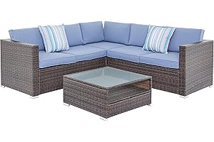 HOME DETAIL Corner Sofa Rattan Garden Furniture Set L Shaped Patio Seating with Coffee Table Outdoor Dining Set (Brown with Blue Cushions)