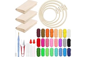 Woohome Kit Punch Needle, Kit de Bordado de Aguja de Perforación Incluye Aro de Plástico, Tela de Aguja Perforada, Hilo de Color para Adultos, Principiantes (18 Pz Kit de Entrada)