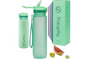 Hydracy Water Bottle with Times to Drink & Straw - Large 1 Litre BPA Free Motivational Water Bottle & No Sweat Sleeve -Leak Proof Gym Bottle with Time Marker - Ideal for Fitness, Sports & Outdoors