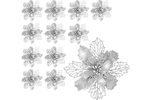 SALADOCY 12 Piezas Flores Poinsettia Brillante de Navidad, Flores de Navidad Artificiales, Flores de Pascua Navidad, Adornos para Árbol de Navidad para Decoración de Navidad (Plateado)