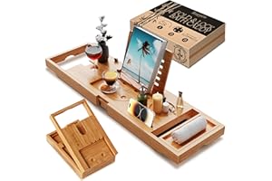 SereneLife Taca na wannę, bambusowy stół do kąpieli, tacki do kąpieli po drugiej stronie wanny, składana półka łazienkowa, wysuwany drewniany stojak na tacę łazienkową ze składaną i zamykaną