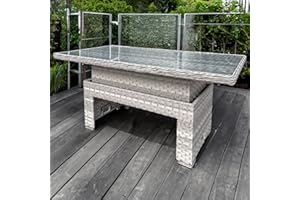 Oseasons Rattan Rising Table in Dove Grey - Adjustable Height Outdoor Patio Dining and Coffee Table, Weather Resistant Rattan Furniture for Garden or Deck