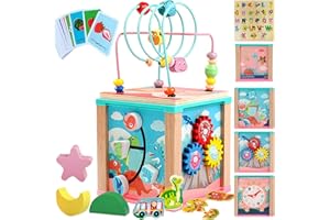 AUEZONA Cubo Actividades Bebe 1 2 3 Años - 8 en 1 Cubo de Habilidades Motoras de Madera para Bebés, Centro de Actividad de Madera para Bebés y Niños de 1, 2 años, Juguete Divertido para Niños Niñas