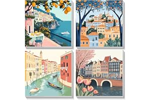 KEYIFA 4 Pack Paint by Numbers Kits for Adults Beginners, Paint by Numbers Framed on Canvas，DIY Landscape Architecture Craft Art Painting Kits for Children，Oil Painting Kits Home Wall Decor 8x8Inch