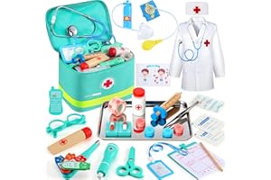 Perbabe Mallette Docteur Enfant en Bois avec Véritable Stéthoscope, Blouse et Chapeau de Médecin - Kit Médical Complet 32 Pièces - Jouet d'Imitation Cadeau pour Enfants 3 4 5 6 Ans