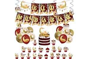COSORO 44pcs Eid Mubarak Decorations Set for Home,Red Gold Eid Mubarak Banner Bunting Party Latex Balloon Cake Toppers Hanging Spiral for Ramadan Mubarak Decorations,Ramadan Kareem Party Decoration Supplies