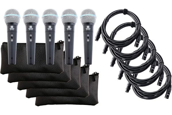 Pronomic DM-58-B Microphone Vocal avec Interrupteur Set de 5 incluant 5X Câble XLR 5m au Son Puissant et Chaleureux