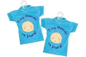 Tek Automotive Tiny Human Baby On Board Sign for Car - Twin Pack Blue T Shirt Design | Baby Car Accessories with Suction Cup | Child On Board Car Sign | Baby On Board Sticker for Car | Baby Must Haves