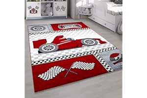 HomebyHome Tappeto per Bambini Tappeto Cameretta Bambino Disegno Formula 1 Rosso 120x170 cm - Tappeto Pelo Corto Tappeto Camera Ragazzo - Tappeto Camera Bambini Sala Giochi Tappeto Cameretta Bambina