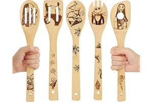 DACESTAR Cucharas de madera únicas para cocinar, Pesadilla antes de Navidad Gadgets, Juego de utensilios de cocina de bambú orgánico antiadherente, Juego de utensilios de cocina para inauguración de la casa