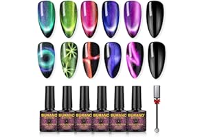 BURANO Cat Eye Gel Polish Set 9D Holorgraphic Translucent UV Gel with Magnet, 6 Colors Pink Nude Purple Green Blue Cat Magnetic Eye GelPolish DIY Home (Kit03)