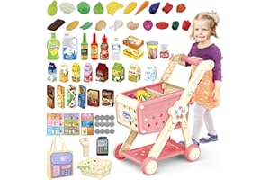 deAO Carrello Della Spesa Bambini - Set da Gioco per Bambini con Giochi di Cibo, Frutta e Accessori per Il Negozio, Carrello della Spesa Giocattolo Giochi di Imitazione per Bambine 3+ Anni | Rosa