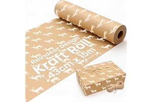 Volila 15M Kraft Wrapping Paper Roll, Brown Craft Paper with Reindeer Design for Eco-Friendly Christmas Gifts (43cm Wide)