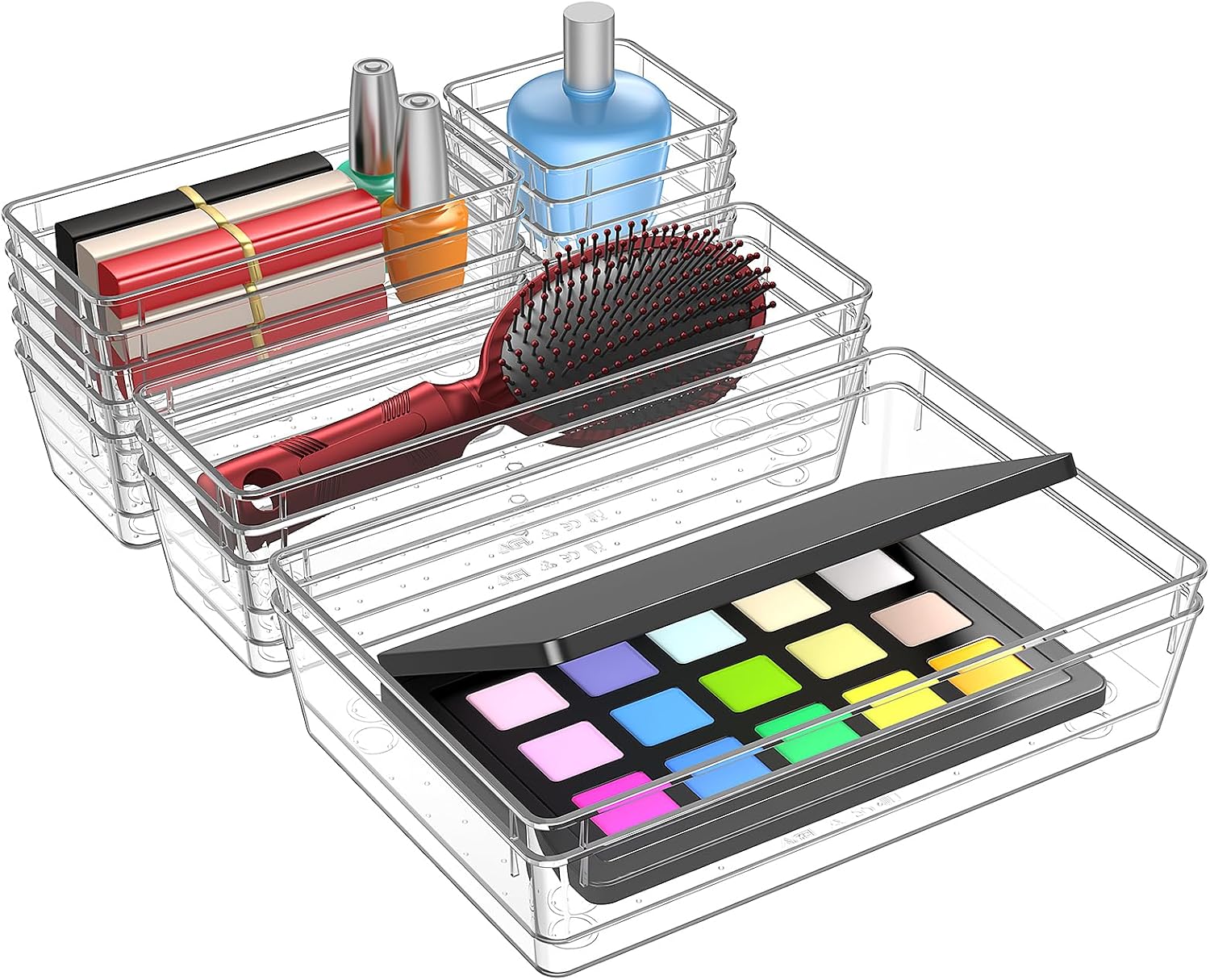 Hymony Organizadores de Cajones 15 Piezas con 4 Tamaños, Organizador de Maquillaje para Tocador, Cajas Transparentes para Escritorio y Baño