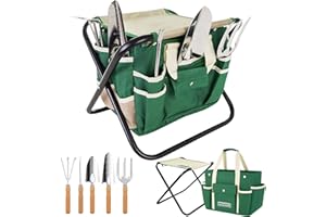 GardenHOME Set di Attrezzi da Giardino 7 Pezzi Kit Giardinaggio, Utensili da Giardino in Acciaio Inossidabile con Sgabello Pieghevole e Borsa
