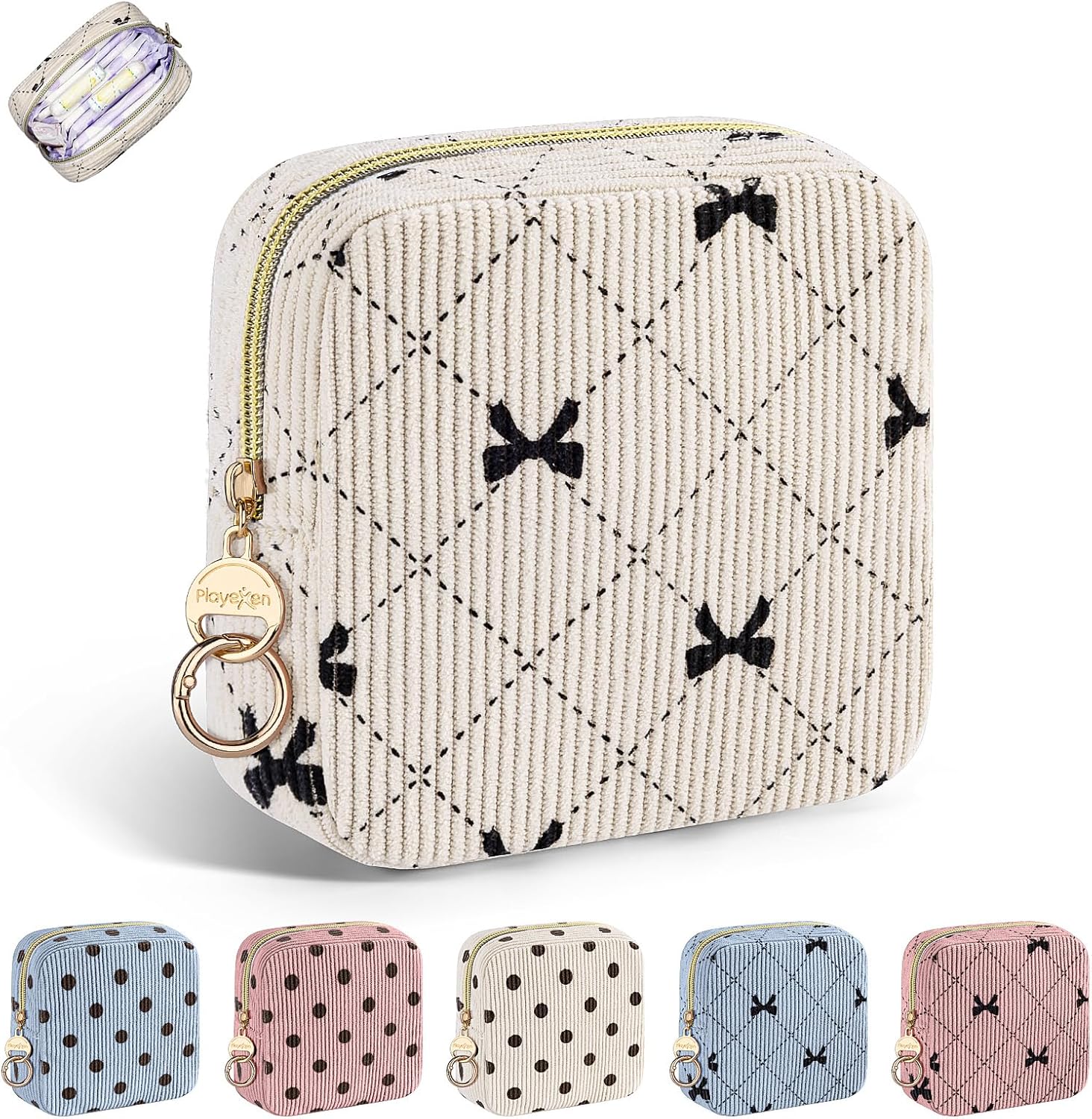 1 Neceser Compresas de Tela Bolsa para Salvaslip Compresas Reutilizables Algodon Postparto Tampones con Cremallera Mini Neceser Pequeño Viaje Portátil para Mujer Niñas Adolescent(Pajarita-Beige)