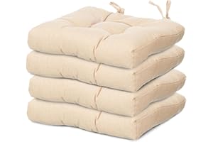 TIENDA EURASIA – Pack Cojines Sillas | Material Tela (Poliéster) | Material de Relleno 100% Poliéster | Tamaño 40x40x7 cm | 2 Cordones de Sujeción | Cojines Exterior Jardín (Beige, Pack 4)