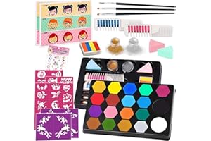 TEUVO Truccabimbi Kit Anallergici Atossici Body Painting 19 Colori Face Painting 35 Stencil 3 Spazzole 2 Glitter Colori Capelli Trucca Bimbi Professionali Trucchi viso Halloween Carnevale Natale Feste