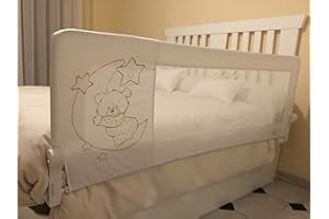 Mundibebé Barrera Seguridad Niños Cama 180 x 66 cm - Seguridad y Comodidad, Alta y Robusta - Barrera Cama Niños Abatible - Barandilla Cama Niño Modelo Osito y Luna Beige