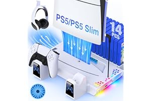 HEYLICOOL PS5 Slim Stand with Cooling Station and Controller Charger for PlayStation 5 Disc/Digital Console, PS5 Accessories with 3 Level Cooling Fan, RGB Light, Headset Holder, 14 Game Slot