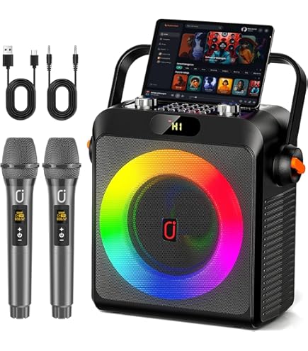 Machine Karaoké Portable Bluetooth - 2 Micros Sans Fil - Haut-parleur 10W - Batterie Intégrée