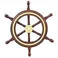 Hand Crafted Premium Nautical Wooden Ship Wheel | Exclusive Pirate's Wall Decor | Ocean & Beach Maritime Nursery Decorative Hanging | Nagina International (Natural Wood - Brass Ring, 4 Inches)