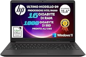 HP Notebook 250 G9, Display Laptop HD 15,6", CPU Intel Celeron N4500 2,8GHz Max, Ram 16GB DDR4, SSD NVMe 1000GB (1TB), Windows 11 Pro, Portatile Pronto all'Uso