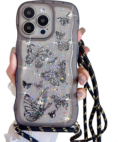 Handyhülle Mit Kette Für IPhone 16e 6,1" - Schmetterling Glitzer Design, TPU, Verstellbare Halskette, Weiß