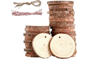 BUCOMTU 40 Pezzi Dischi Legno Grezzo 5-6 cm，Dischetti Legno con fori,Fette di legno naturale con 2 fili di cotone,Legno Da Decorare non finiti,Perfetto per fai da te,artigianato,matrimoni,decorazioni (5-6CM)