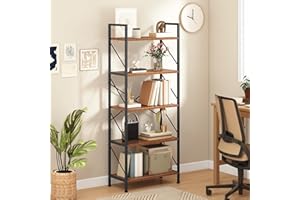 DWVO 5 Tiers Book Shelf, Wood and Metal Bookcase Storage Organizer, Industrial Bookshelf Tall Shelving Unit Display Rack for Living Room Kitchen Bedroom, Rustic Brown Book Rack
