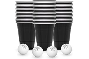 RedCupShop® Beer Pong Lot de 50 gobelets noirs + 4 balles, réutilisables, 473 ml, passent au lave-vaisselle et sans BPA, pour fête pour beerpong et jeux à boire
