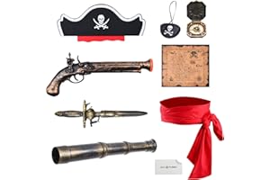 ECO-FUSED 8 Pezzi di Accessori da Pirata - Decorazioni da Halloween da Pirata per Cosplay - Costume da Pirata Telescopio, Bussola, Benda per Occhio da Pirata, Pistola di Plastica da Pirata, Spada di Plastica