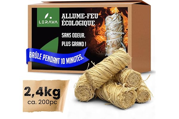 LERAVA® Allume-feu Laine de Bois (2,4 kg ≈ 200 pièces) – Allume-feu cheminée Naturel – Longue Flamme & Combustion sans Odeur – Écologique & Durable – Idéal pour poêle, Barbecue & Foyer