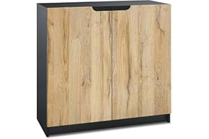 Vladon Sideboard Logan, Made in Germany, Kommode mit 2 Türen, Schwarz matt/Eiche Natur (82 x 78 x 37 cm)